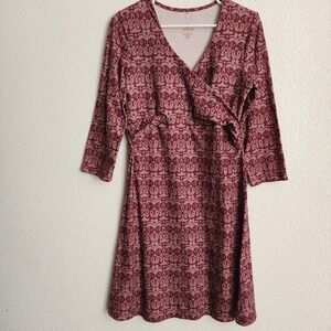Prana Womens Medium Burgundy Ikat Print 3/4 Sleeve Faux Wrap V-Neck Dress